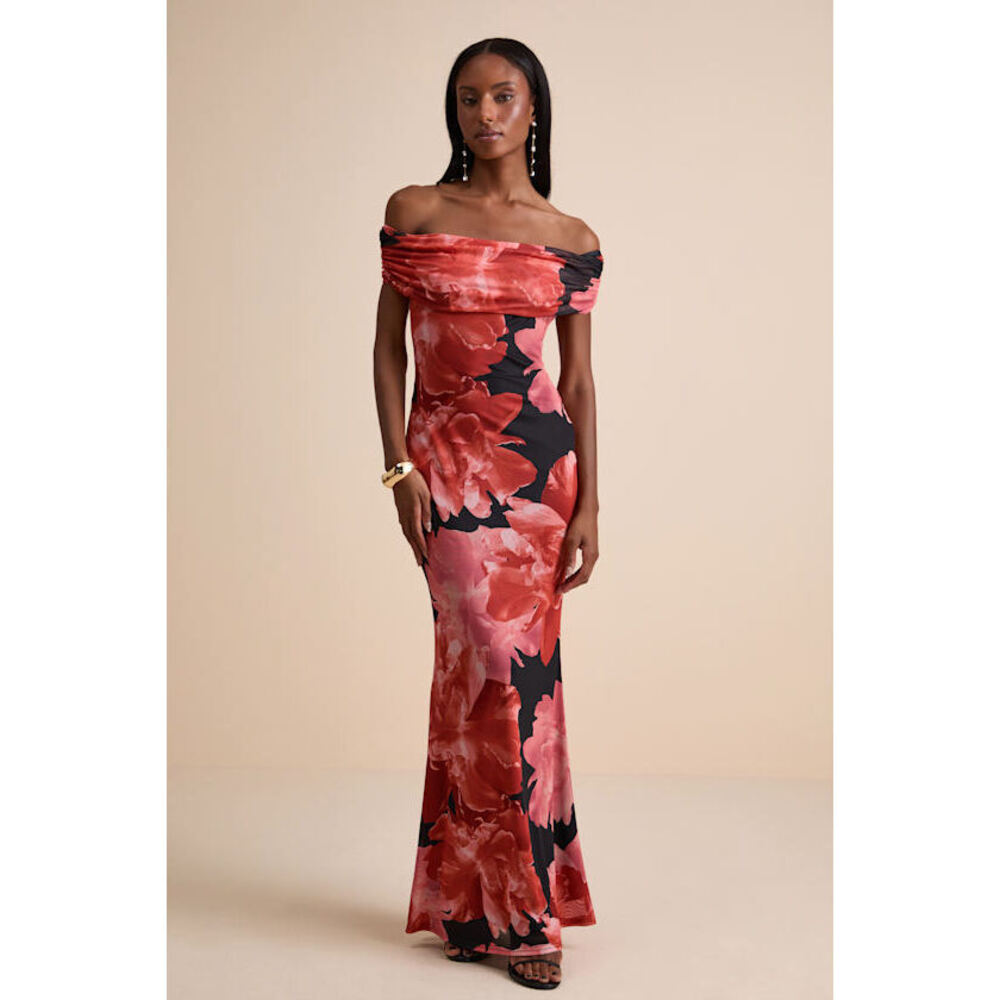 Lulus Dunia Black Floral Print Mesh Off-the-shoulder Maxi Dress